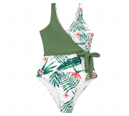 Sexy One Piece Swimsuit Printed Leaves Conservative Green Deep