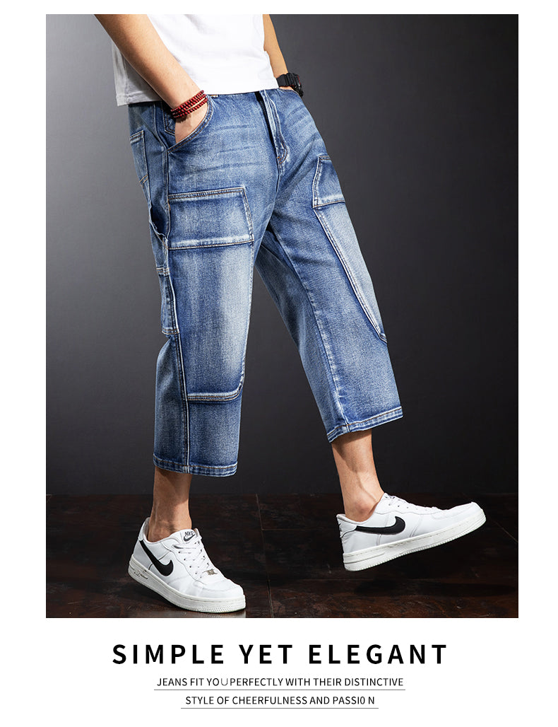 Seven Points Denim Shorts Men Straight Loose Over The Knee Medium Pants Fat Guy Pants - Glamour Gale