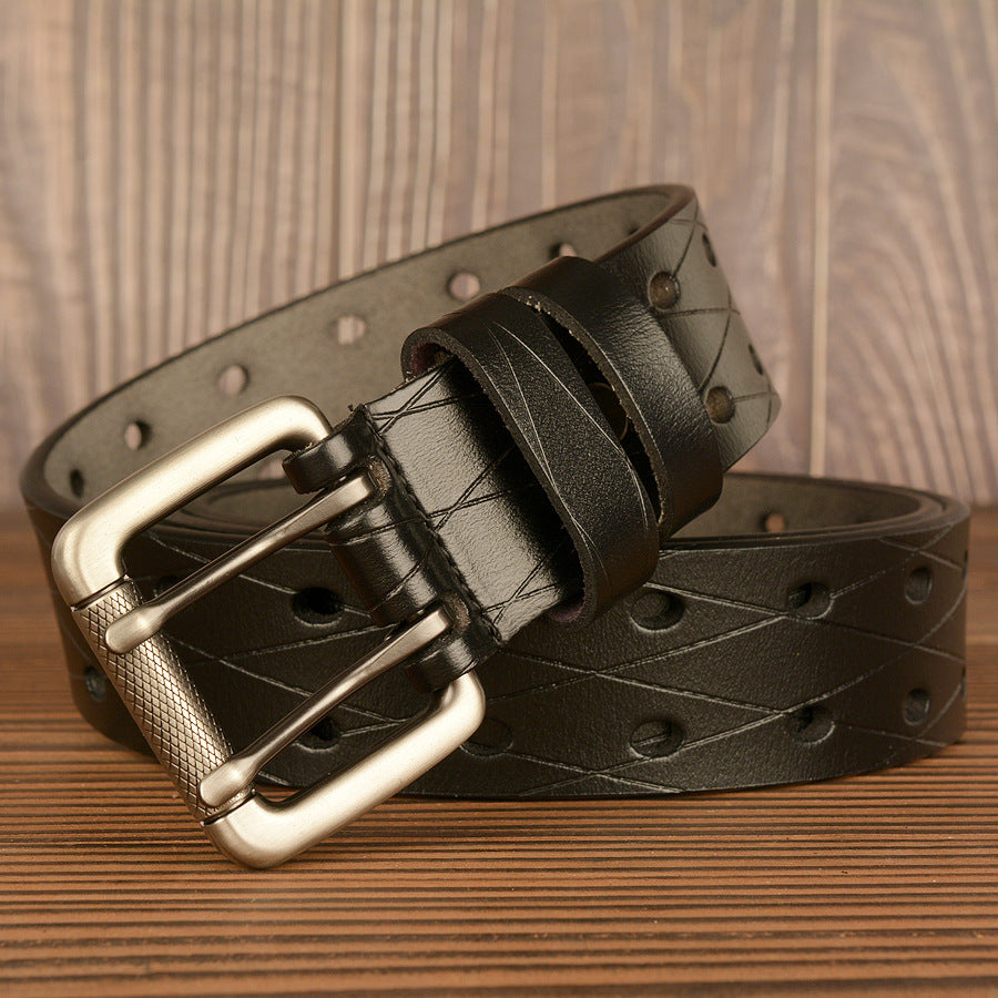 New Double Pin Buckle Men's Belt Cowhide