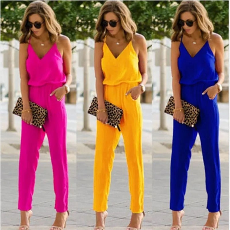 Amazon Summer Seamless V-neck Brace Jumpsuit New Sleeveless Solid Color Chiffon Trousers