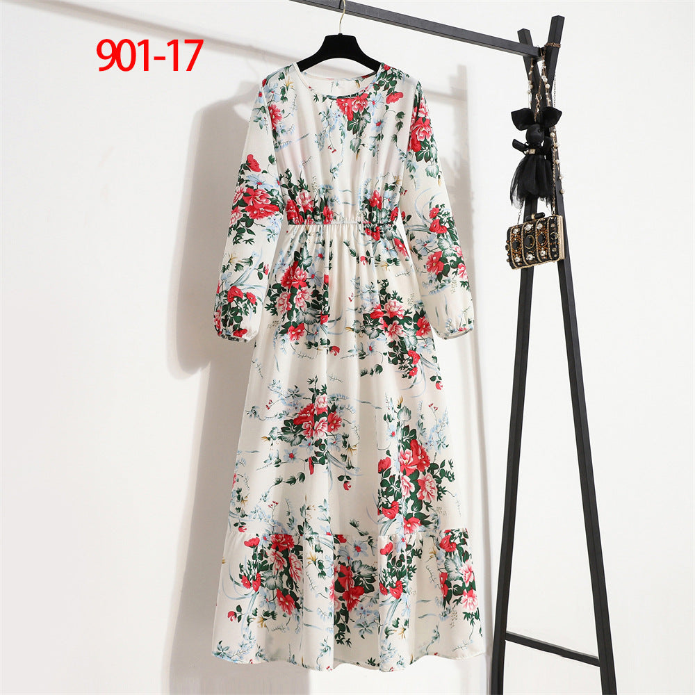 Women's Round Neck Long Sleeve Pullover Floral Dress