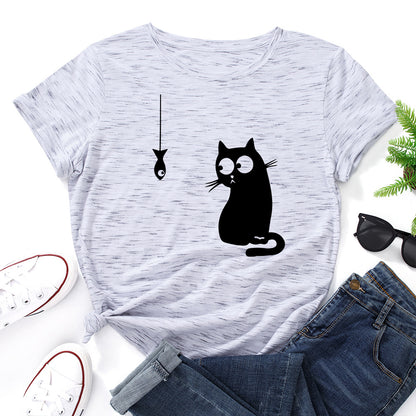 Women's Cute Cat Loose Round Neck Cotton Short Sleeve