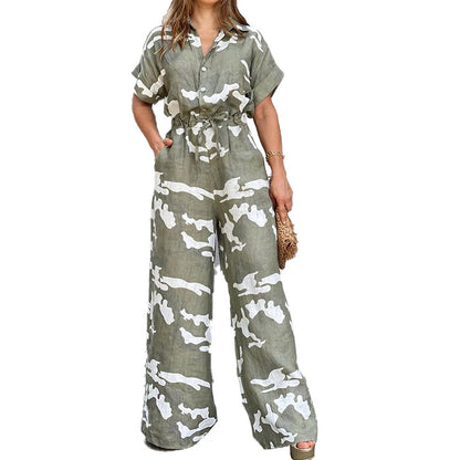 Fashion Polo Collar Printed Button Lace-up Jumpsuit