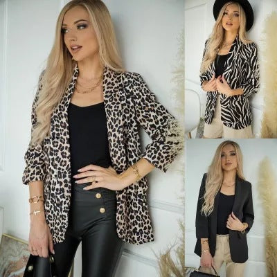 New Leopard Print Long Sleeve Blazer Ladies Jacket