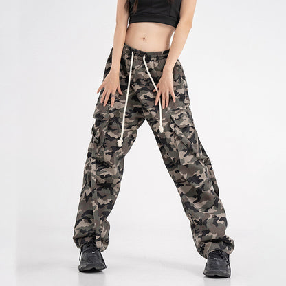 High Street Elastic Waist Camouflage Workwear Wide Leg Trousers