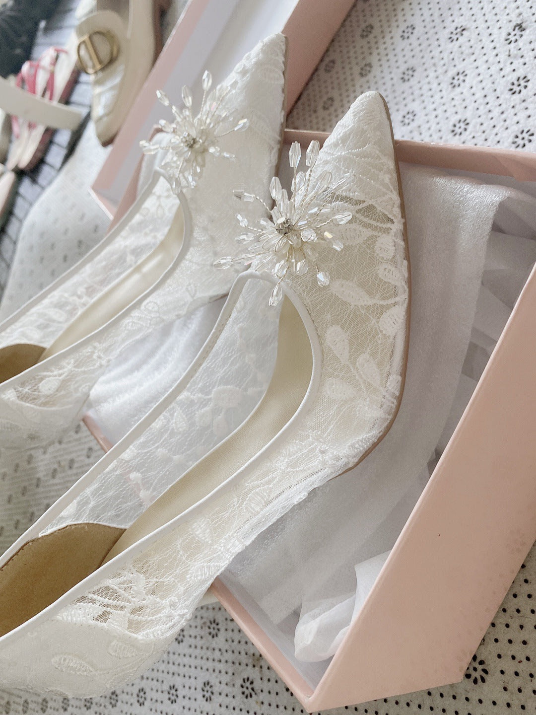 Women's White High Heels Wedding Dress Crystal