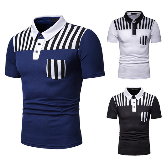 New Summer Men's Striped Stitching European Size Short Sleeve Polot Shirt