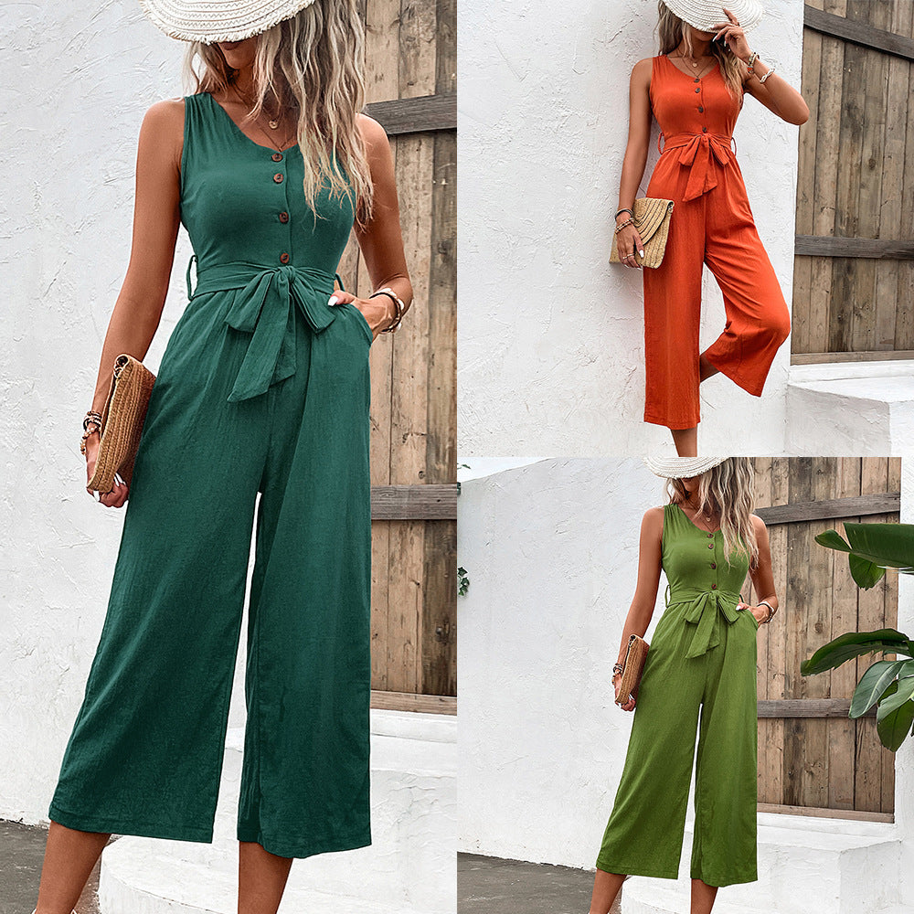 V-neck Temperament Commute Waist Slimming One-piece Trousers