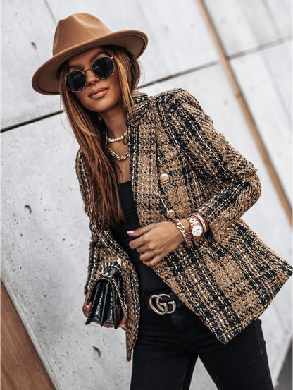 Long-sleeve Double-breasted Blazer-collar Print Jacket