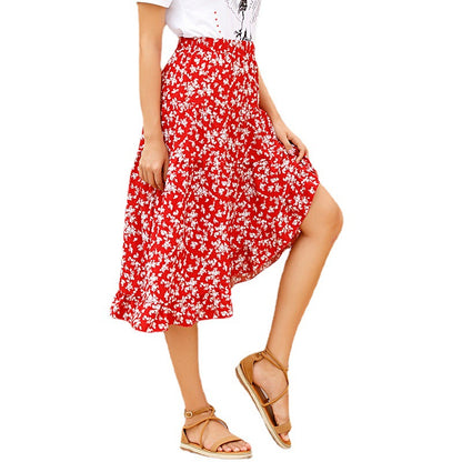 Summer New Pleated Ruffled Skirt Casual Floral Split Skirt