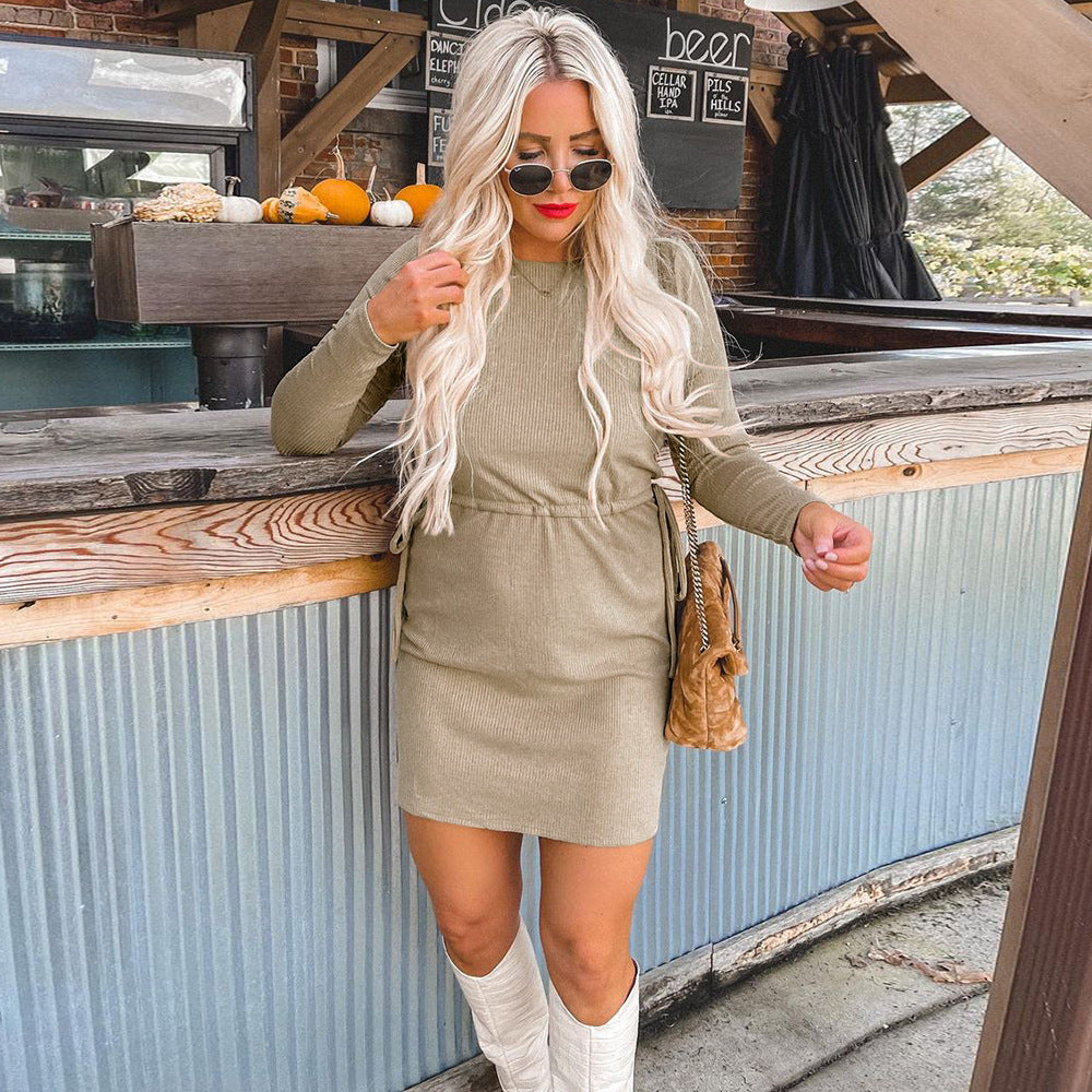 Fashion Solid Color Long-Sleeved Lace-Up Dress