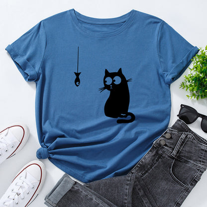 Women's Cute Cat Loose Round Neck Cotton Short Sleeve