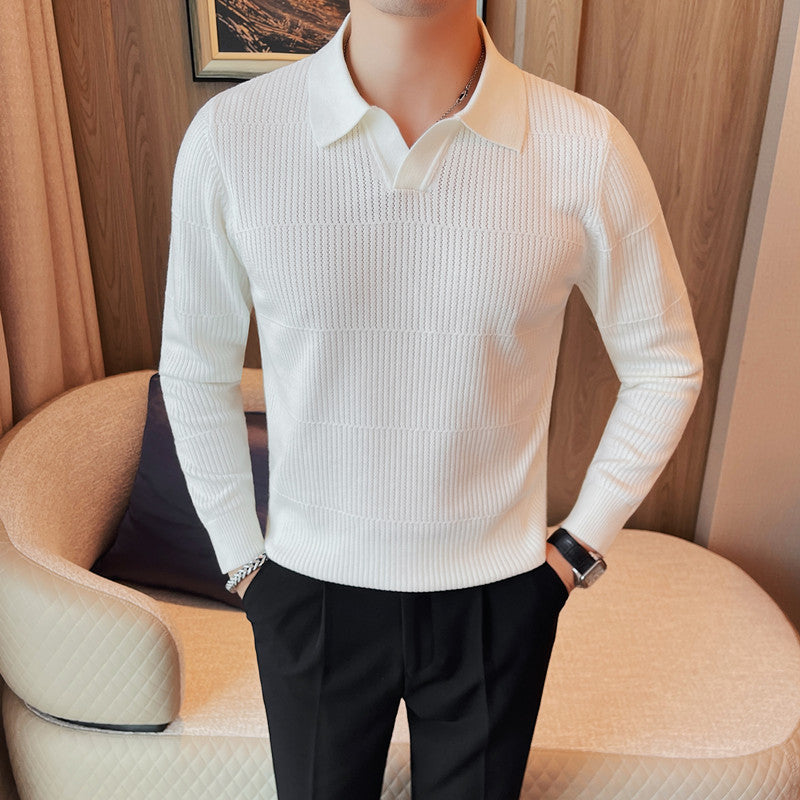 Men's Korean-style Knitted Sweater White Boy's Undershirt Texture Slim Lapel Sweater