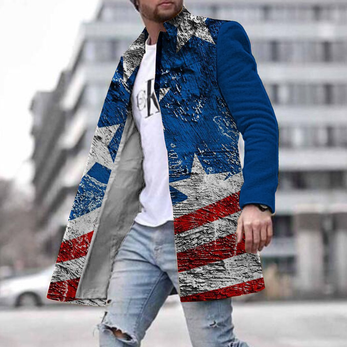 European And American New Men's Woolen Coat 3D Digital Printing Fall Lapels