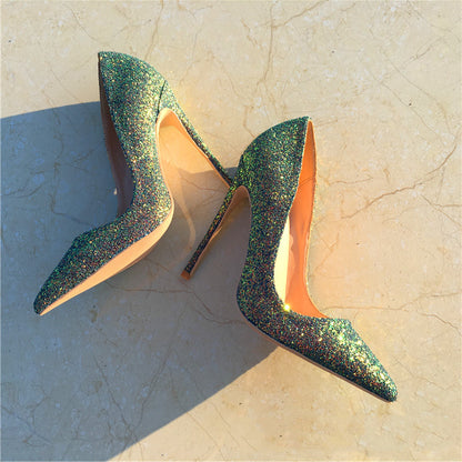 Women's Stiletto Heel Pointed-toe Fashion Sequined Green High Heels