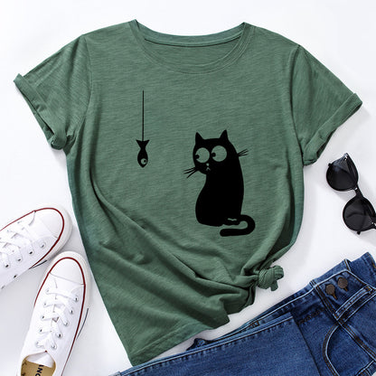 Women's Cute Cat Loose Round Neck Cotton Short Sleeve