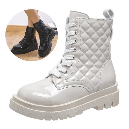 Lace-up Thick-heeled Boots Winter Casual Round Toe Platform Ankle Boots Women Fashion Quilted Pattern Minimalist Motorcycle Shoes