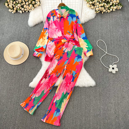 Loose Long-sleeved Single-breasted Shirt Two-piece High Waist Slimming Tie-dyed Printed Wide-leg Pants