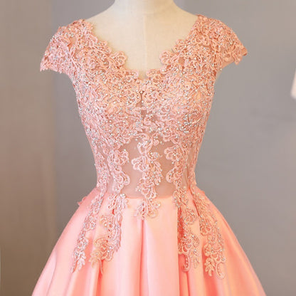 Lace Sticker Pink Evening Dress V-Neck Sleeveless Prom Party