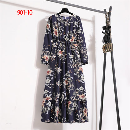 Women's Round Neck Long Sleeve Pullover Floral Dress