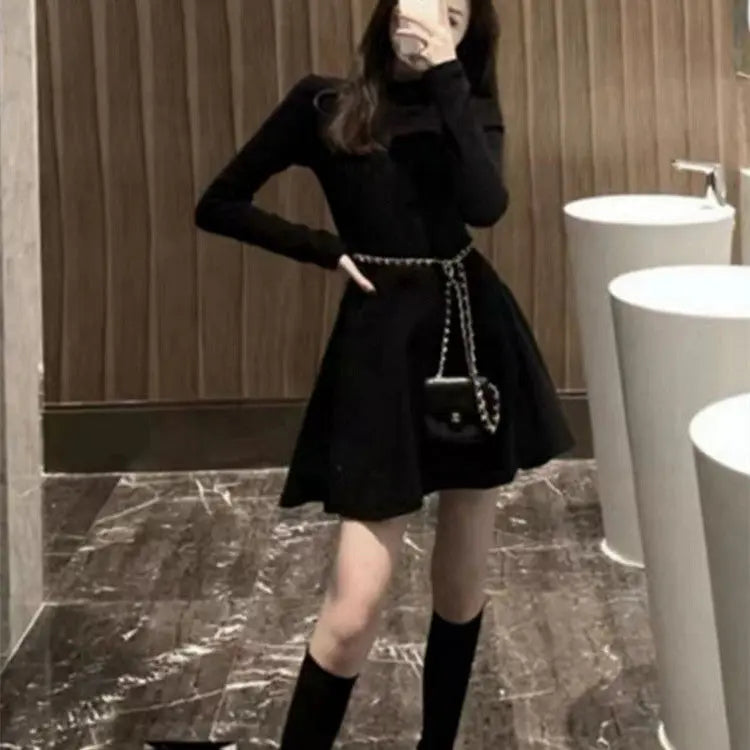 Autumn And Winter Half-high Collar Waist Trimming Short Coat Inner Wear Dress High-grade Bottoming Ladies Glamour Gale