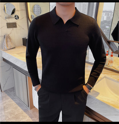 Men's Korean-style Knitted Sweater White Boy's Undershirt Texture Slim Lapel Sweater