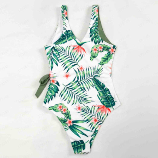 Sexy One Piece Swimsuit Printed Leaves Conservative Green Deep